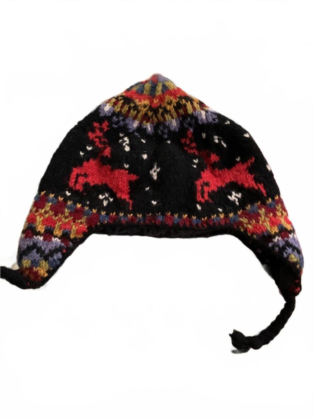 Newari Handcrafted Wool Winter Hat with Ear Flaps and Reindeer Design